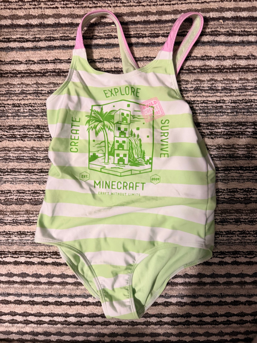 Minecraft Girls' Green Striped One-Piece Swimsuit